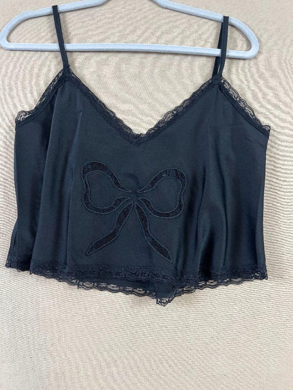 AND NOW THIS Black Satin‎ Lace Bow Cami Crop Top Coquette M Balletcore Y@K NWT